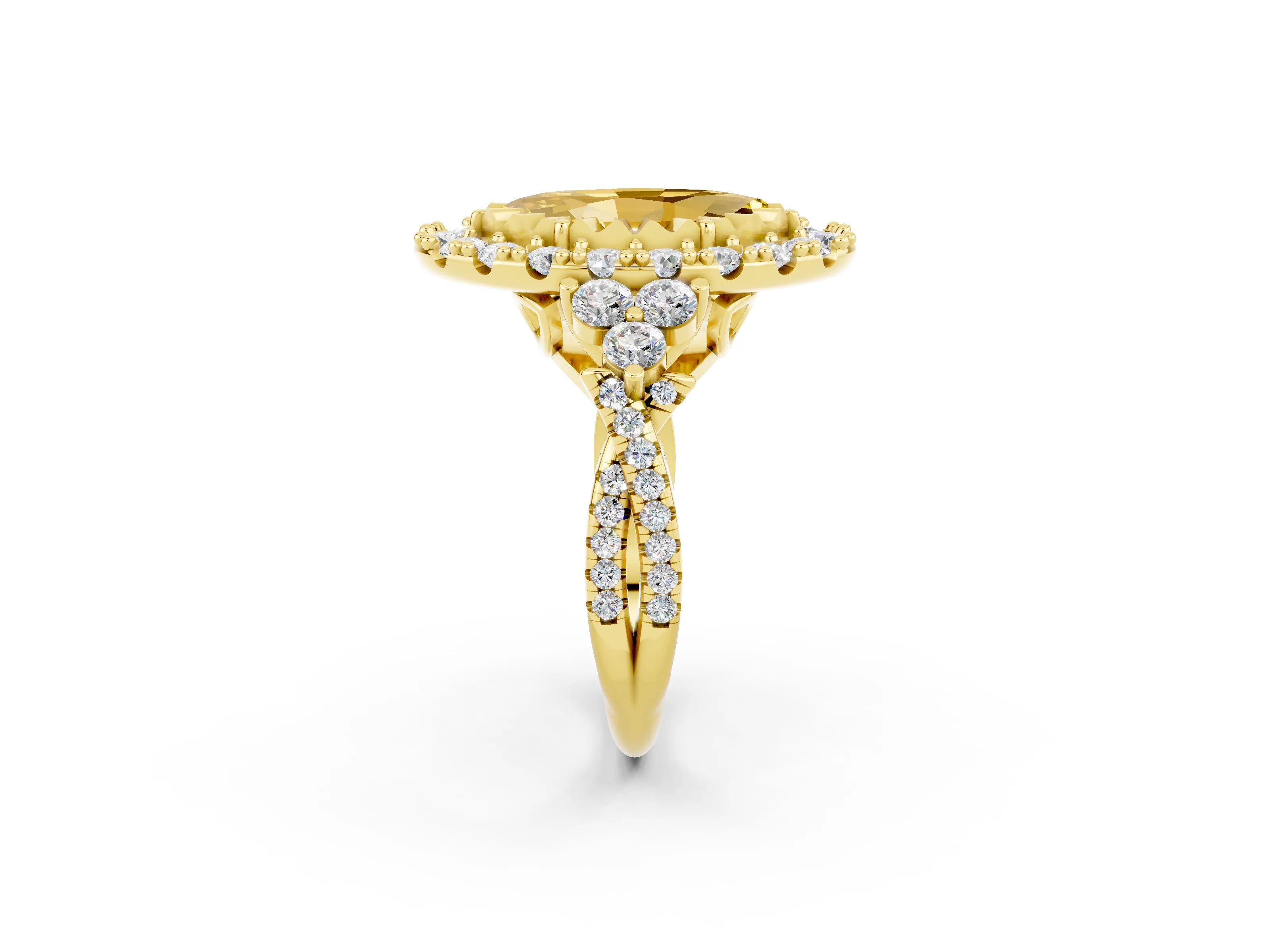 Yellow gold Marquise Cut Yellow Sapphire Halo Ring with Pavé Band and Four-Prong Setting_14