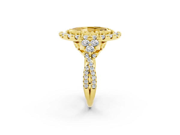 Yellow gold Marquise Cut Yellow Sapphire Halo Ring with Pavé Band and Four-Prong Setting