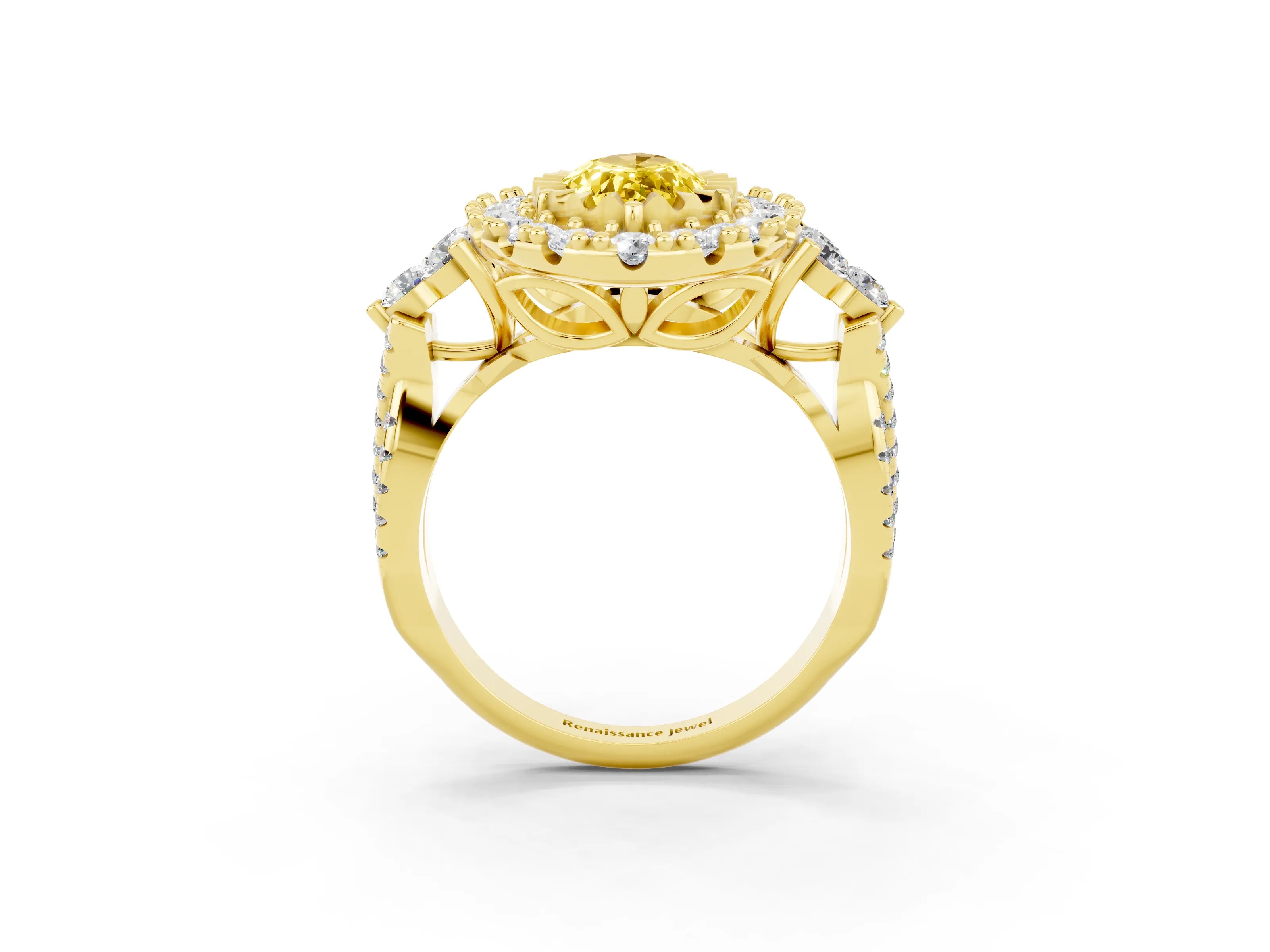 Yellow gold Marquise Cut Yellow Sapphire Halo Ring with Pavé Band and Four-Prong Setting_15