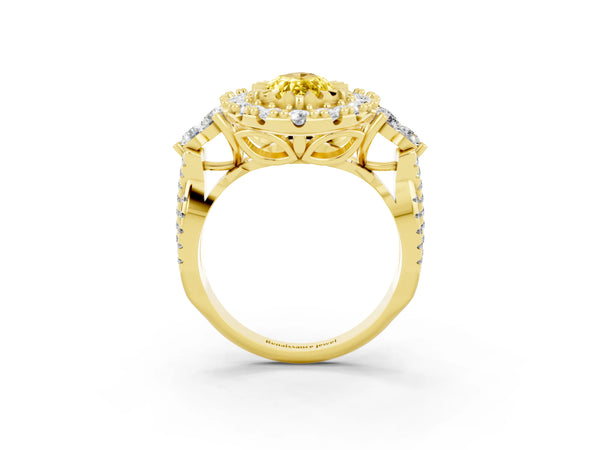 Yellow gold Marquise Cut Yellow Sapphire Halo Ring with Pavé Band and Four-Prong Setting