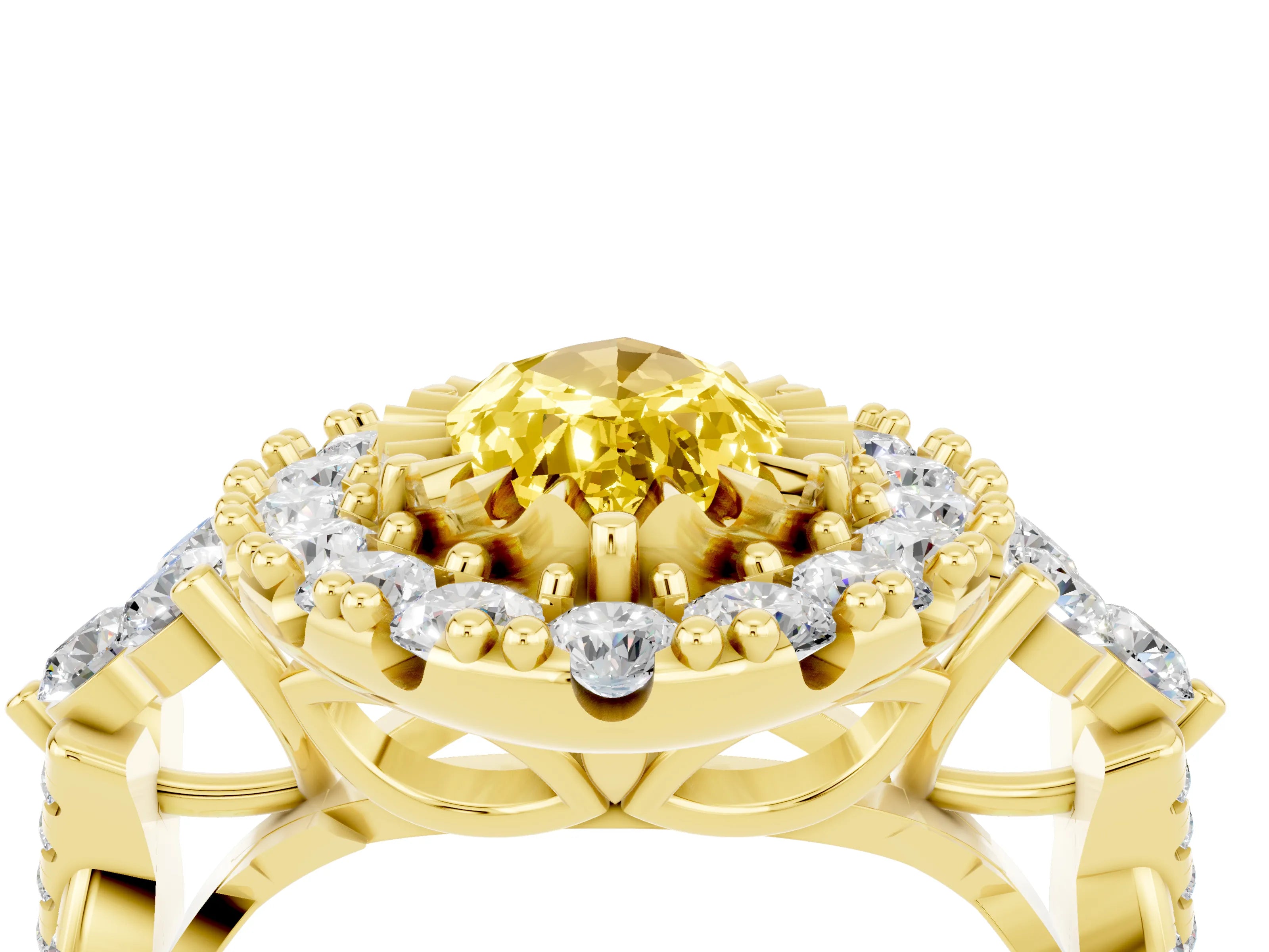 Yellow gold Marquise Cut Yellow Sapphire Halo Ring with Pavé Band and Four-Prong Setting_16