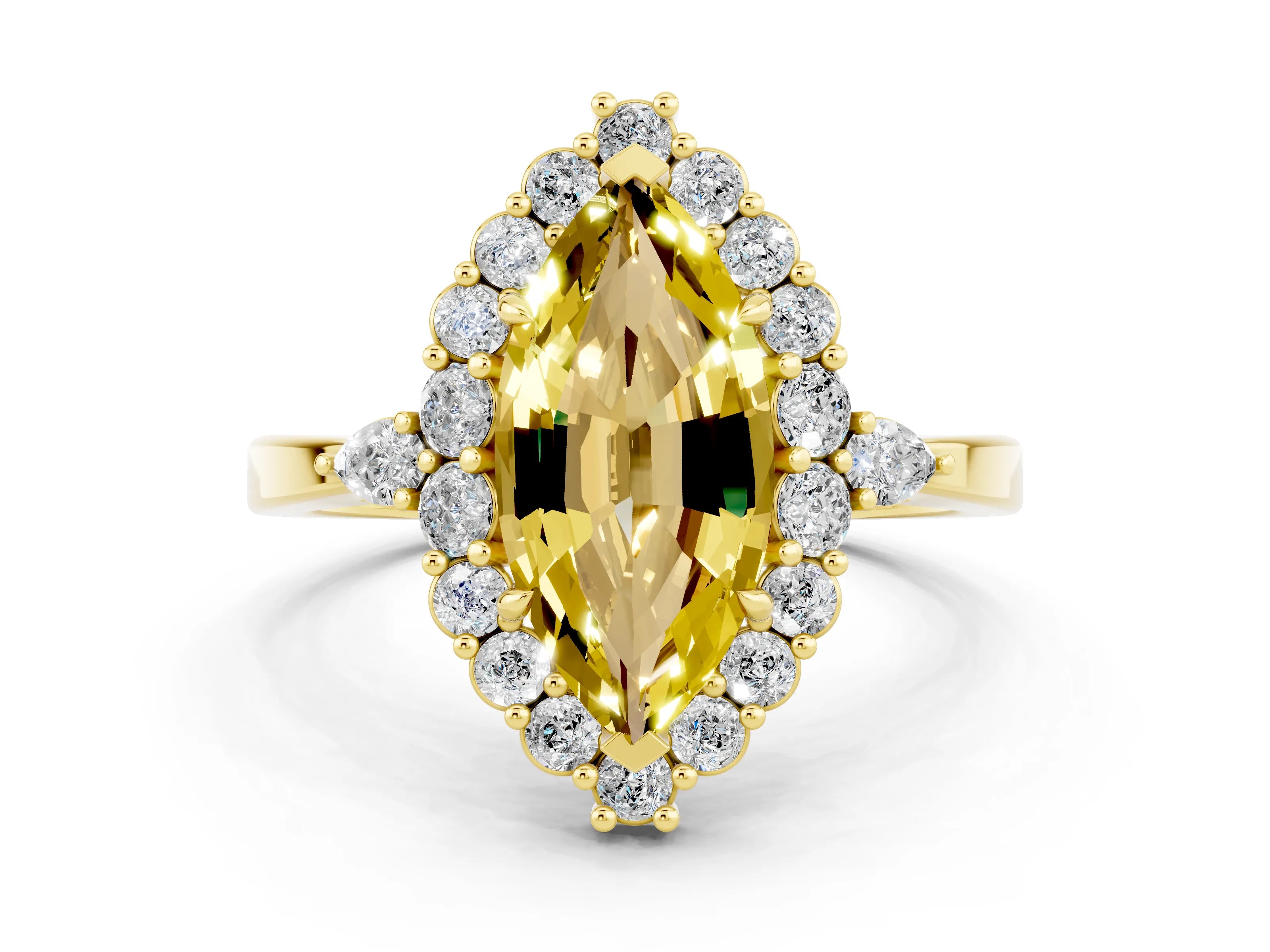 Yellow gold Marquise Cut Yellow Sapphire Halo Ring with Pear Side Stones and Prong Setting_36