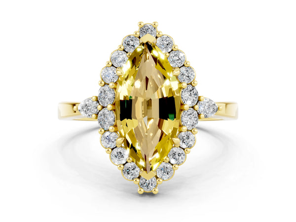 Yellow gold Marquise Cut Yellow Sapphire Halo Ring with Pear Side Stones and Prong Setting