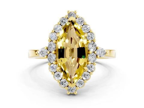 Yellow gold Marquise Cut Yellow Sapphire Halo Ring with Pear Side Stones and Prong Setting_36