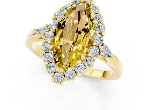 Yellow gold Marquise Cut Yellow Sapphire Halo Ring with Pear Side Stones and Prong Setting_37