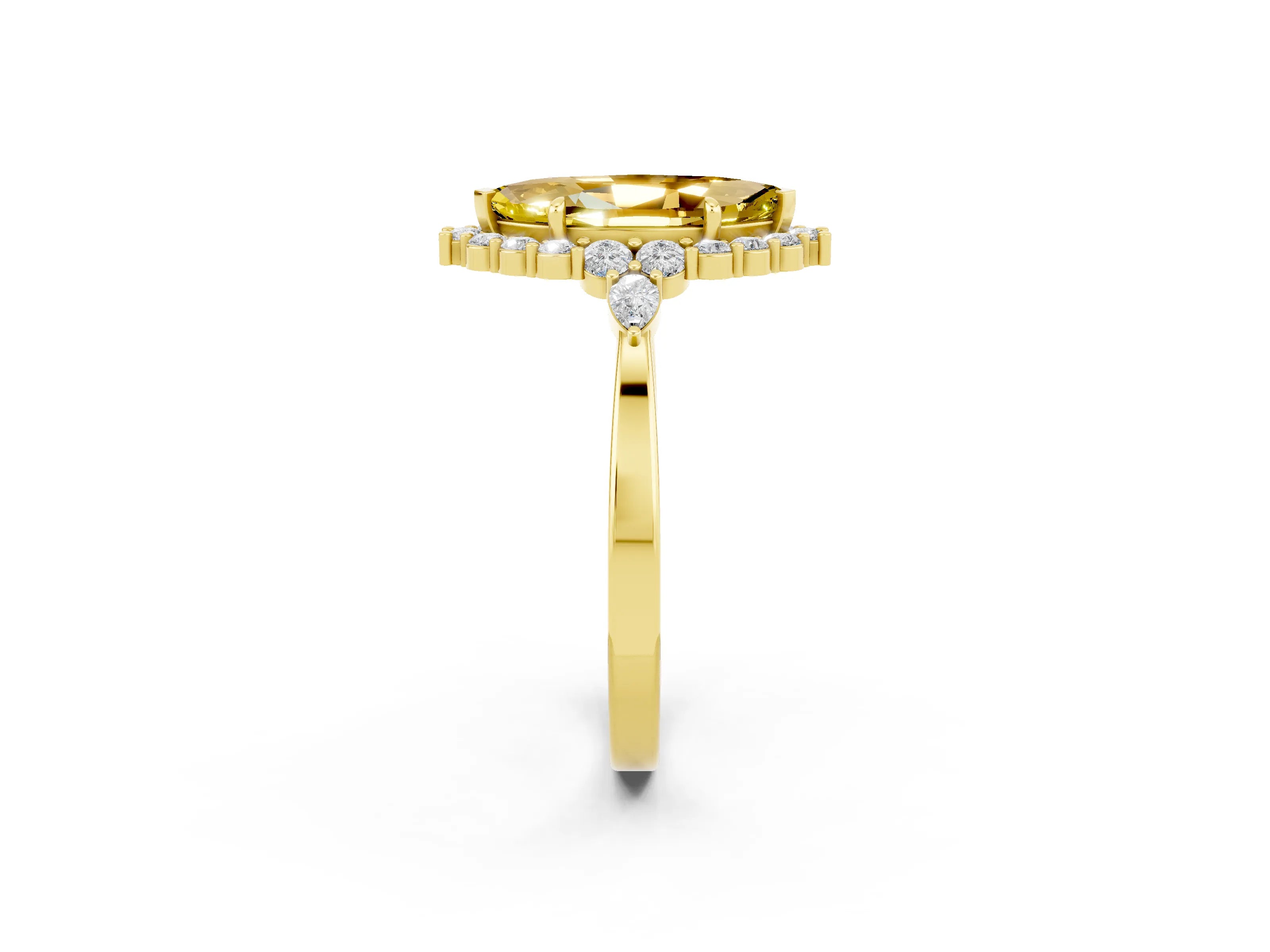 Yellow gold Marquise Cut Yellow Sapphire Halo Ring with Pear Side Stones and Prong Setting_38