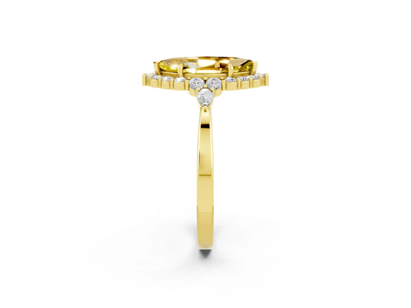 Yellow gold Marquise Cut Yellow Sapphire Halo Ring with Pear Side Stones and Prong Setting