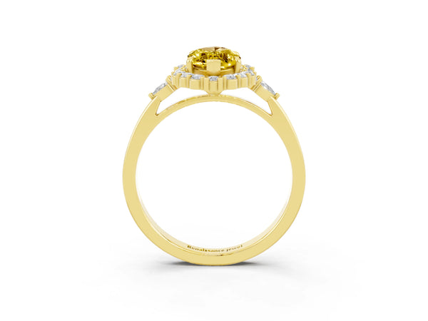 Yellow gold Marquise Cut Yellow Sapphire Halo Ring with Pear Side Stones and Prong Setting