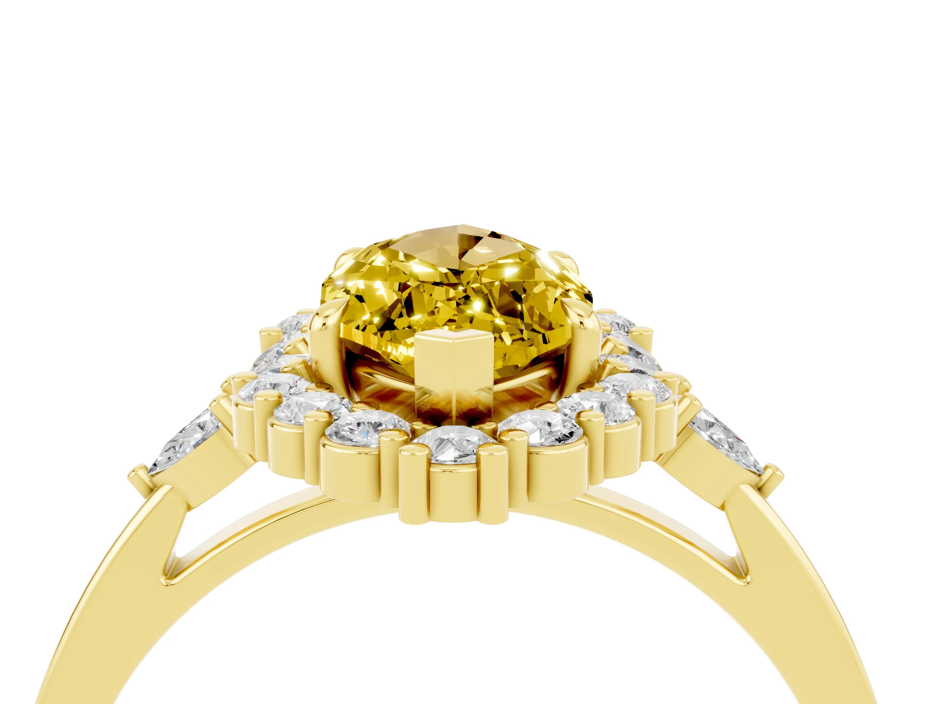 Yellow gold Marquise Cut Yellow Sapphire Halo Ring with Pear Side Stones and Prong Setting_40
