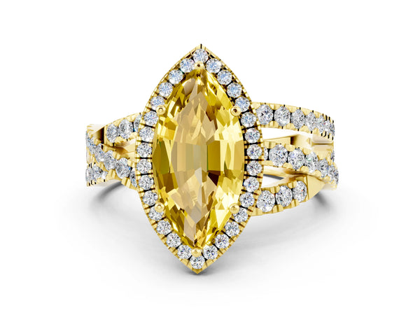 Yellow gold Marquise Cut Yellow Sapphire Halo Ring with Round Split Shank and Prong Setting