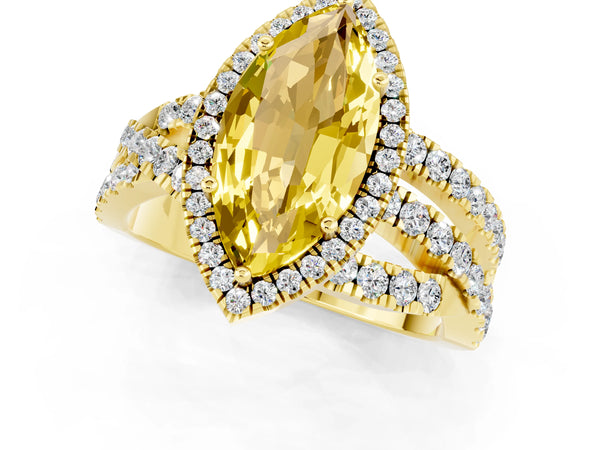 Yellow gold Marquise Cut Yellow Sapphire Halo Ring with Round Split Shank and Prong Setting