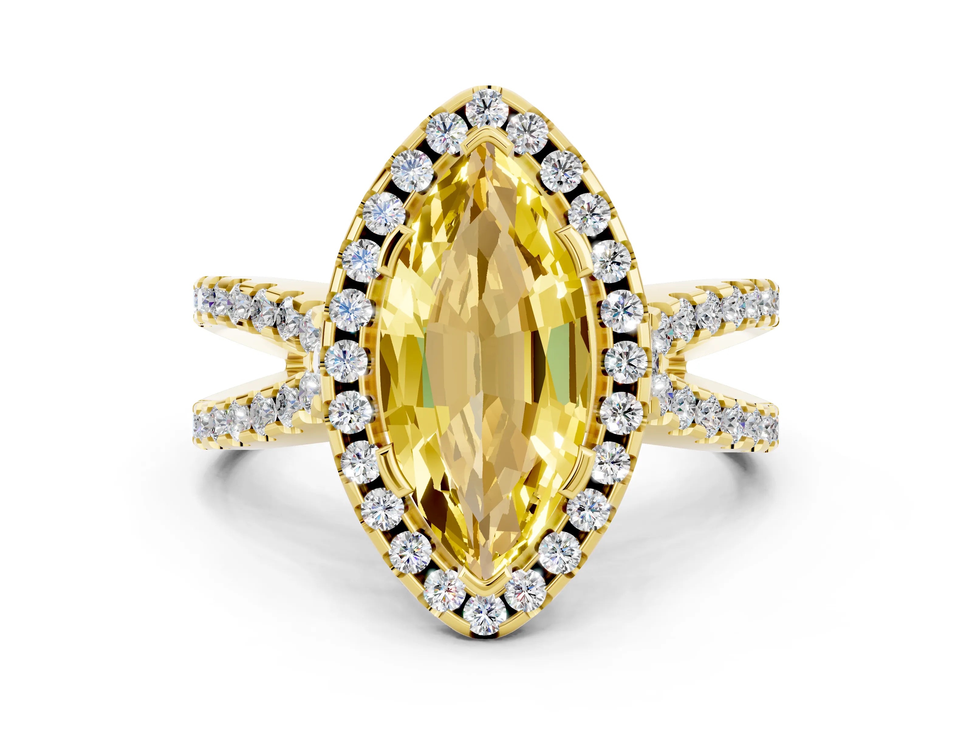 Yellow gold Marquise Cut Yellow Sapphire Halo Ring with Split Shank Pavé Band and Prong Setting_12