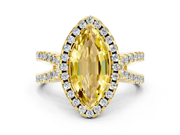 Yellow gold Marquise Cut Yellow Sapphire Halo Ring with Split Shank Pavé Band and Prong Setting