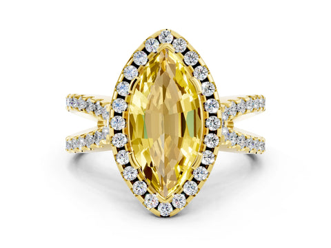 Yellow gold Marquise Cut Yellow Sapphire Halo Ring with Split Shank Pavé Band and Prong Setting_12
