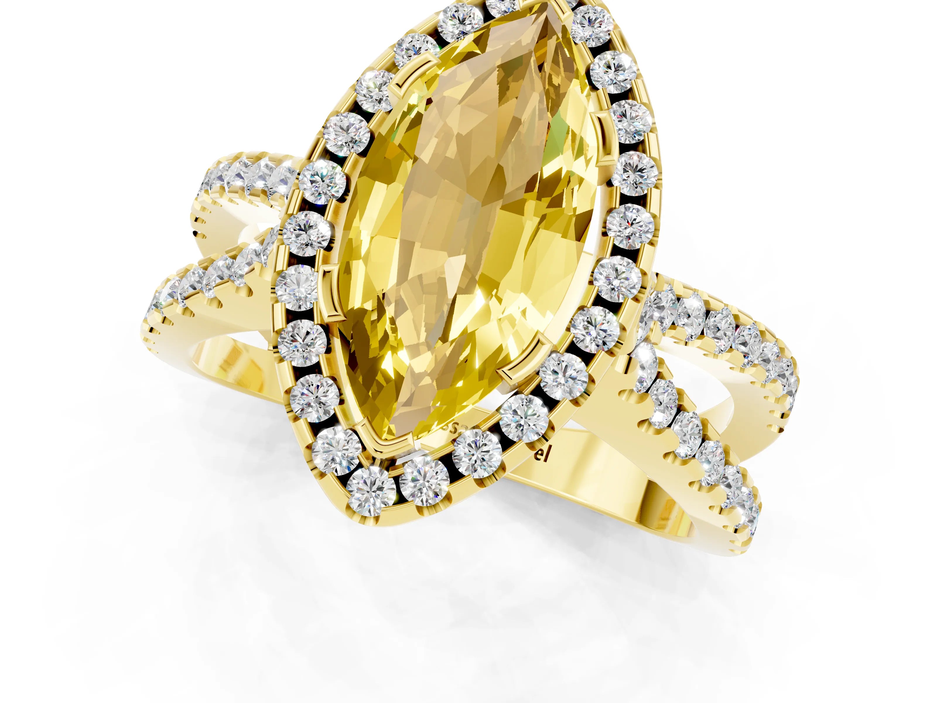 Yellow gold Marquise Cut Yellow Sapphire Halo Ring with Split Shank Pavé Band and Prong Setting_13