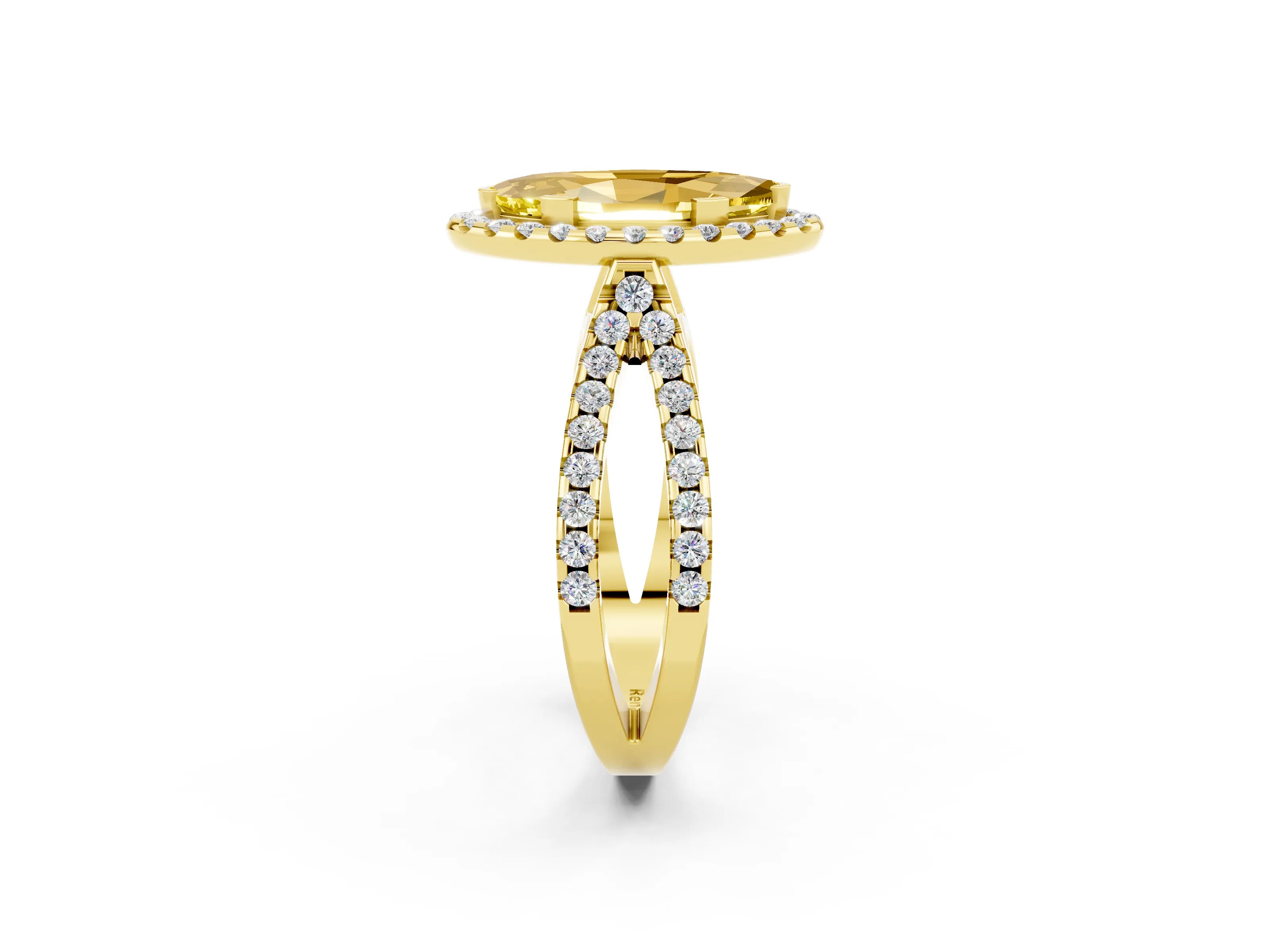 Yellow gold Marquise Cut Yellow Sapphire Halo Ring with Split Shank Pavé Band and Prong Setting_14