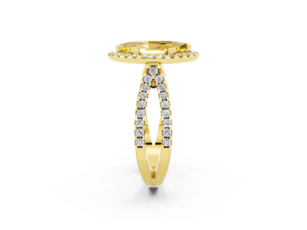 Yellow gold Marquise Cut Yellow Sapphire Halo Ring with Split Shank Pavé Band and Prong Setting
