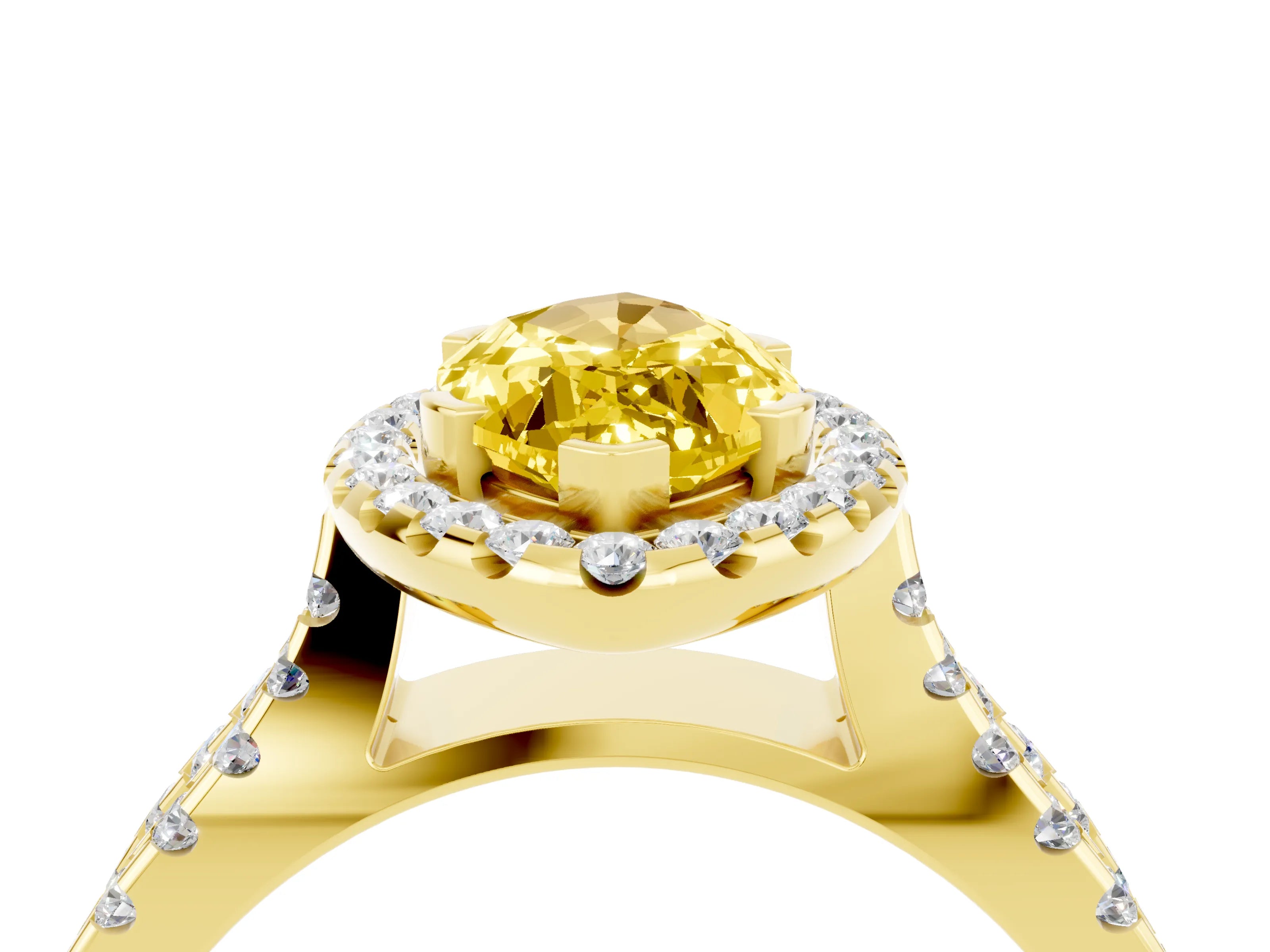 Yellow gold Marquise Cut Yellow Sapphire Halo Ring with Split Shank Pavé Band and Prong Setting_16