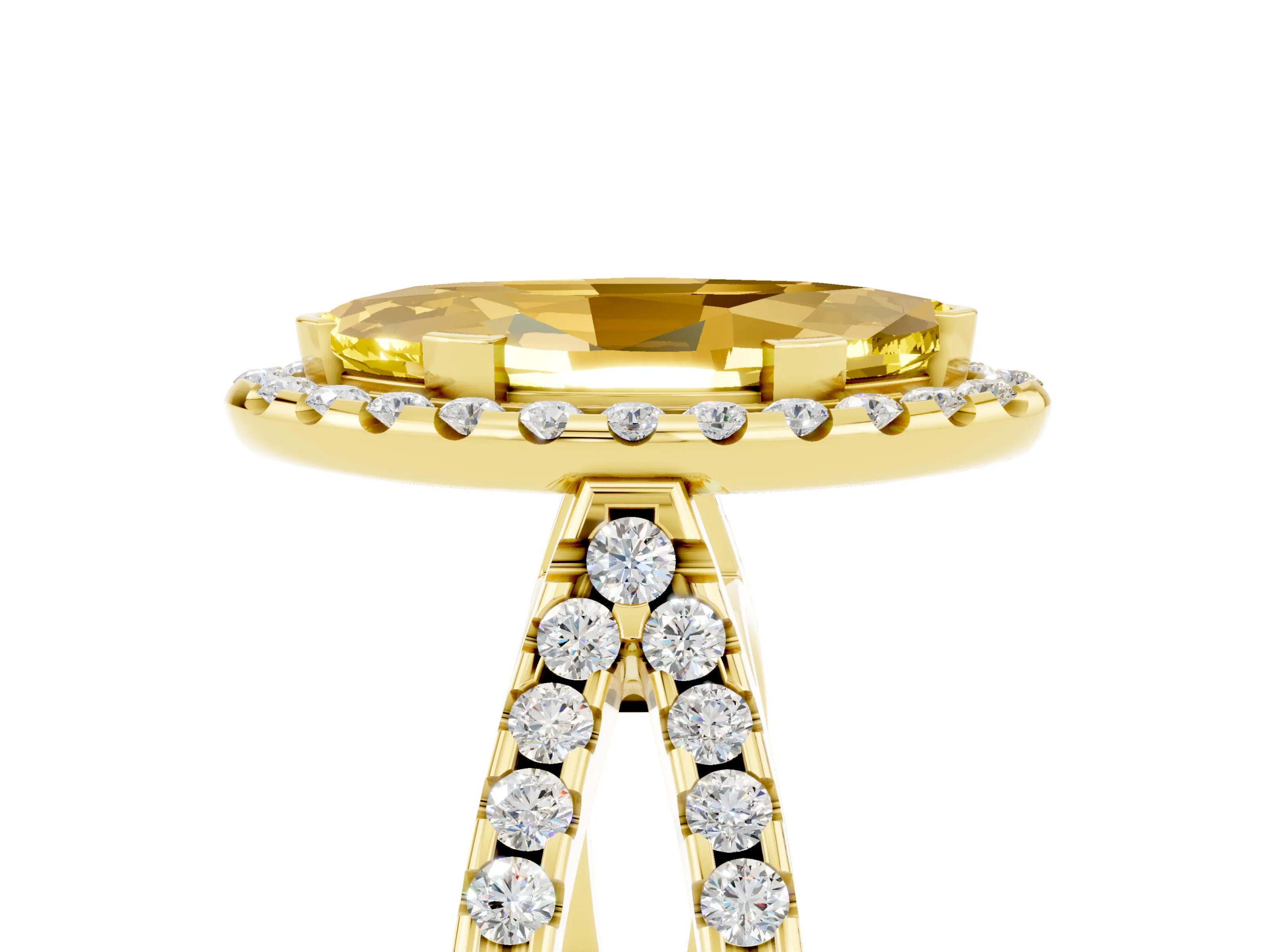 Yellow gold Marquise Cut Yellow Sapphire Halo Ring with Split Shank Pavé Band and Prong Setting_17