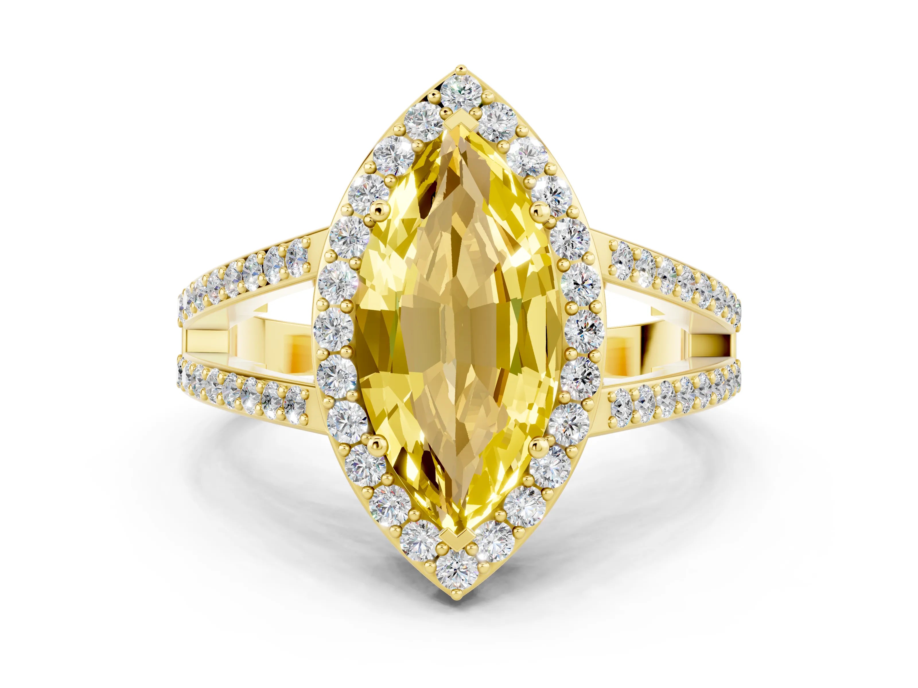 Yellow gold Marquise Cut Yellow Sapphire Halo Ring with Split Shank U-Prong Band and Four-Prong Setting