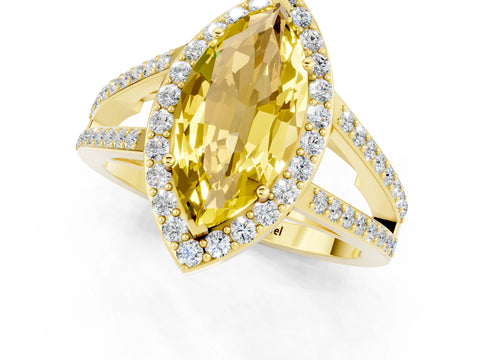 Yellow gold Marquise Cut Yellow Sapphire Halo Ring with Split Shank U-Prong Band and Four-Prong Setting_1