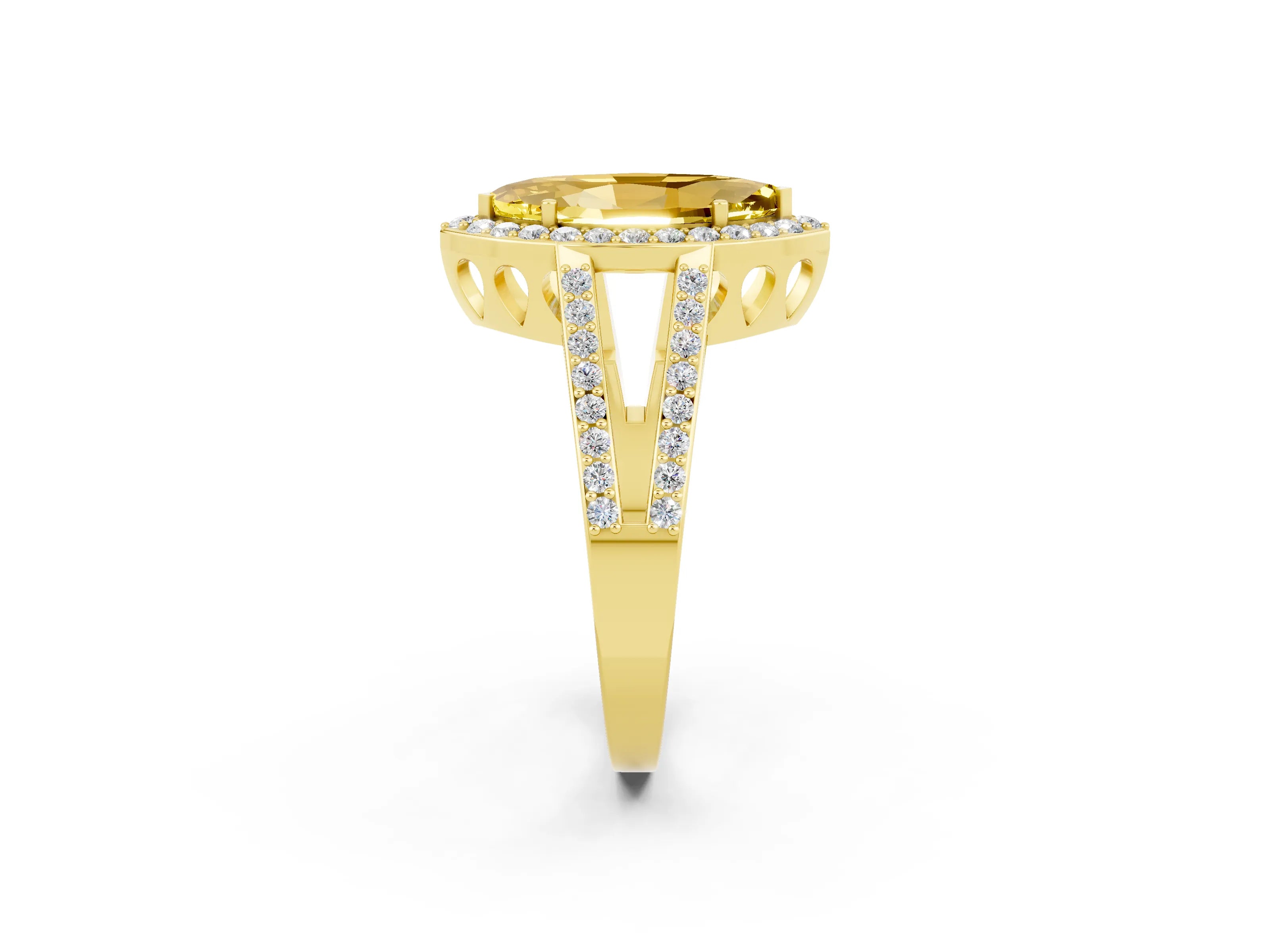 Yellow gold Marquise Cut Yellow Sapphire Halo Ring with Split Shank U-Prong Band and Four-Prong Setting_2