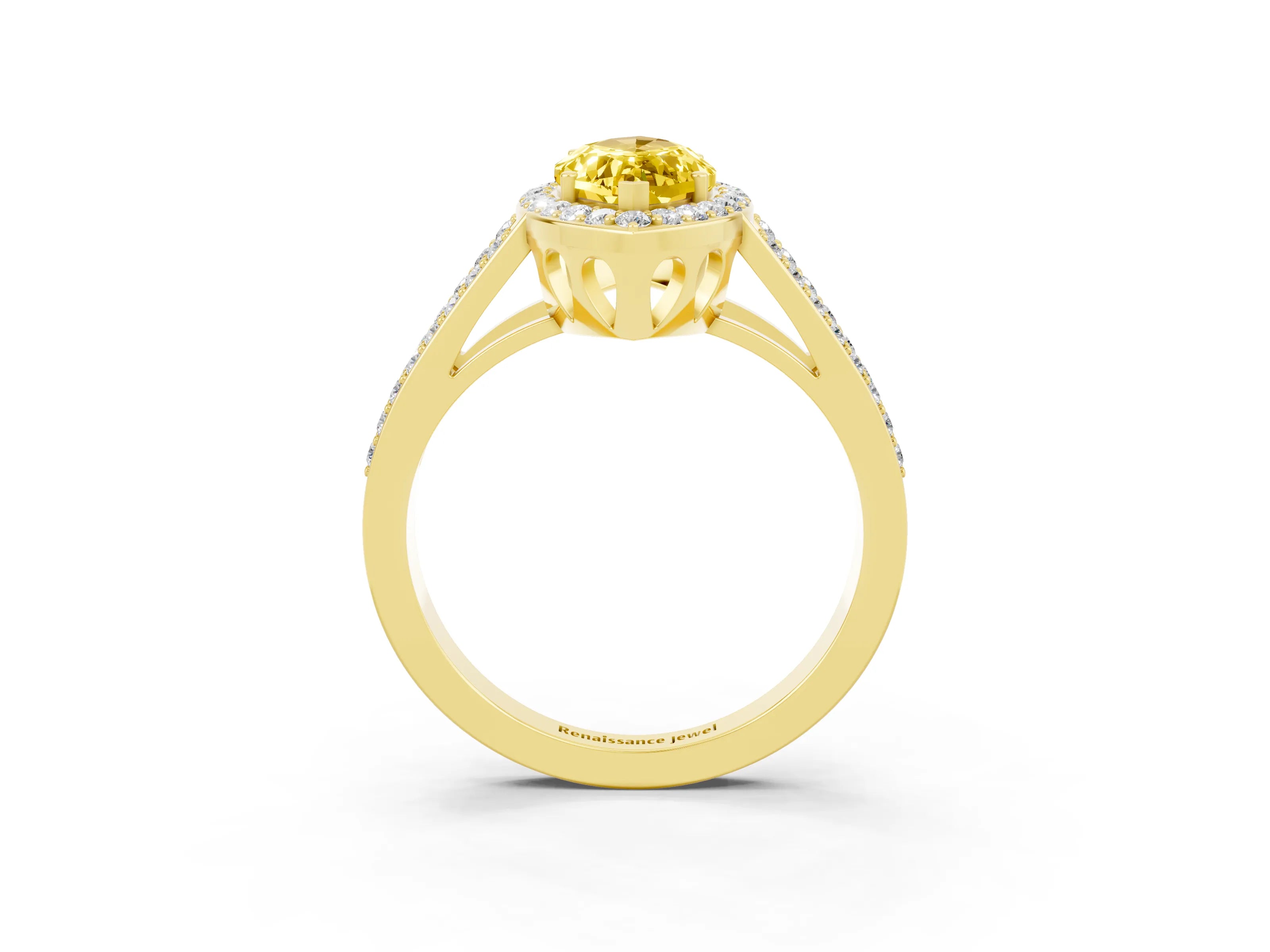 Yellow gold Marquise Cut Yellow Sapphire Halo Ring with Split Shank U-Prong Band and Four-Prong Setting_3