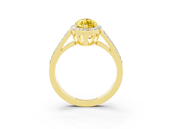 Yellow gold Marquise Cut Yellow Sapphire Halo Ring with Split Shank U-Prong Band and Four-Prong Setting