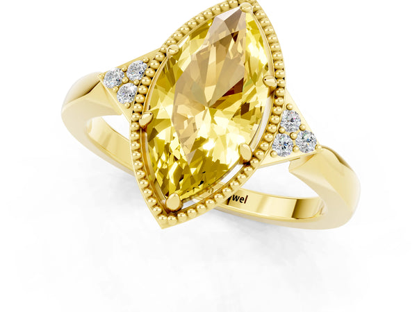 Yellow gold Marquise Cut Yellow Sapphire Halo Ring with Tapered Band and Four-Prong Setting