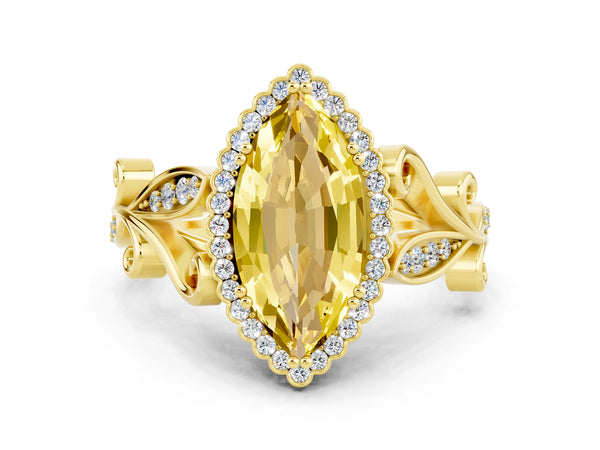 Yellow gold Marquise Cut Yellow Sapphire Halo Ring with Vintage Split Shank and Four-Prong Setting