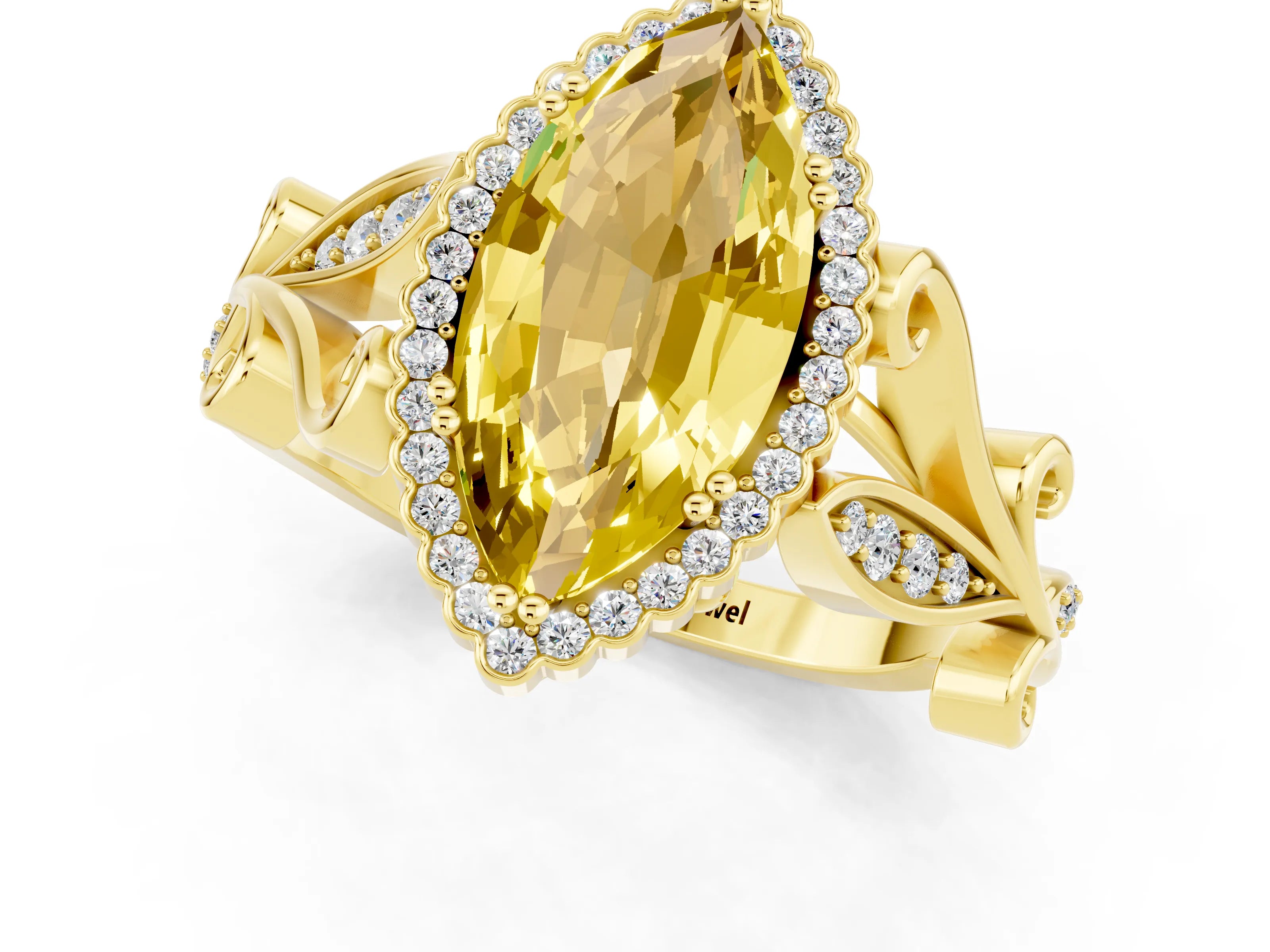 Yellow gold Marquise Cut Yellow Sapphire Halo Ring with Vintage Split Shank and Four-Prong Setting_1