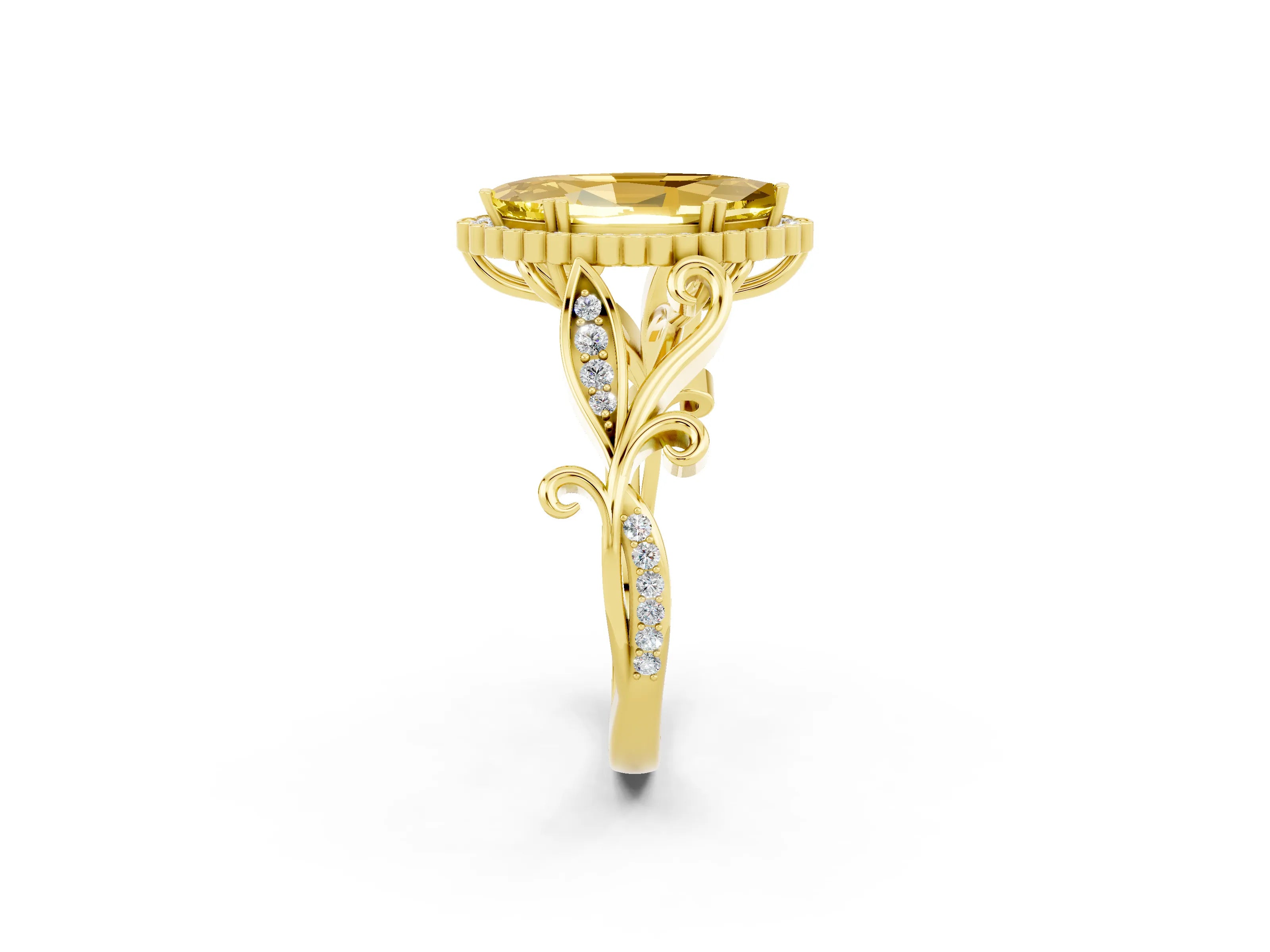 Yellow gold Marquise Cut Yellow Sapphire Halo Ring with Vintage Split Shank and Four-Prong Setting_2