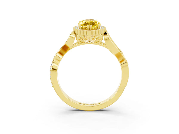Yellow gold Marquise Cut Yellow Sapphire Halo Ring with Vintage Split Shank and Four-Prong Setting