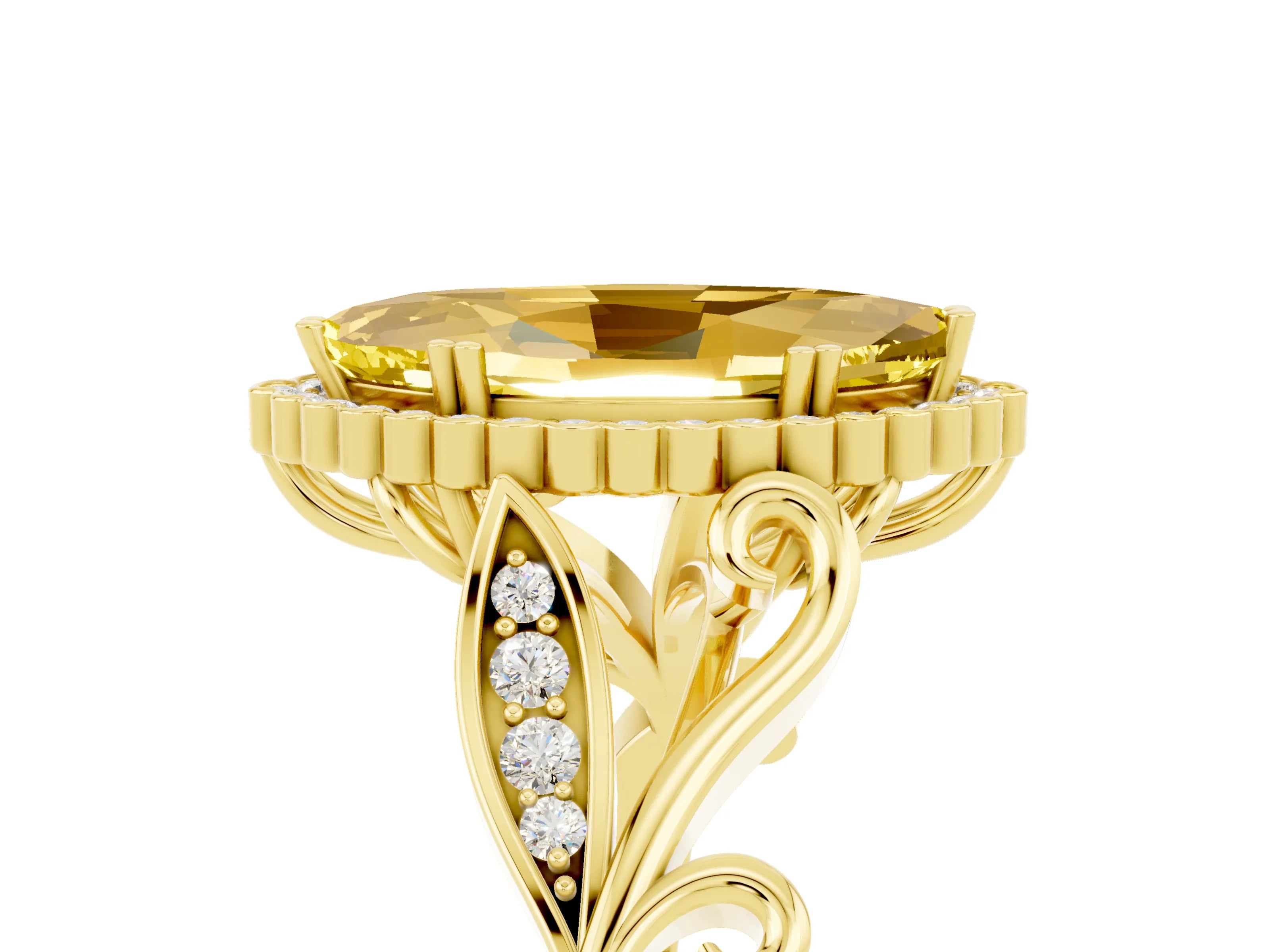 Yellow gold Marquise Cut Yellow Sapphire Halo Ring with Vintage Split Shank and Four-Prong Setting_5