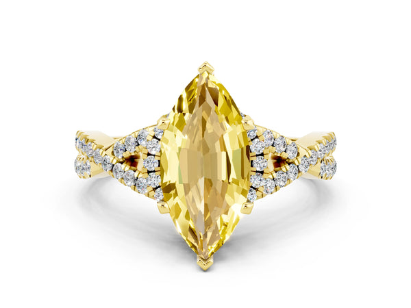 Yellow gold Marquise Cut Yellow Sapphire  Halo Twist Band Solitaire Prong Setting Ring
