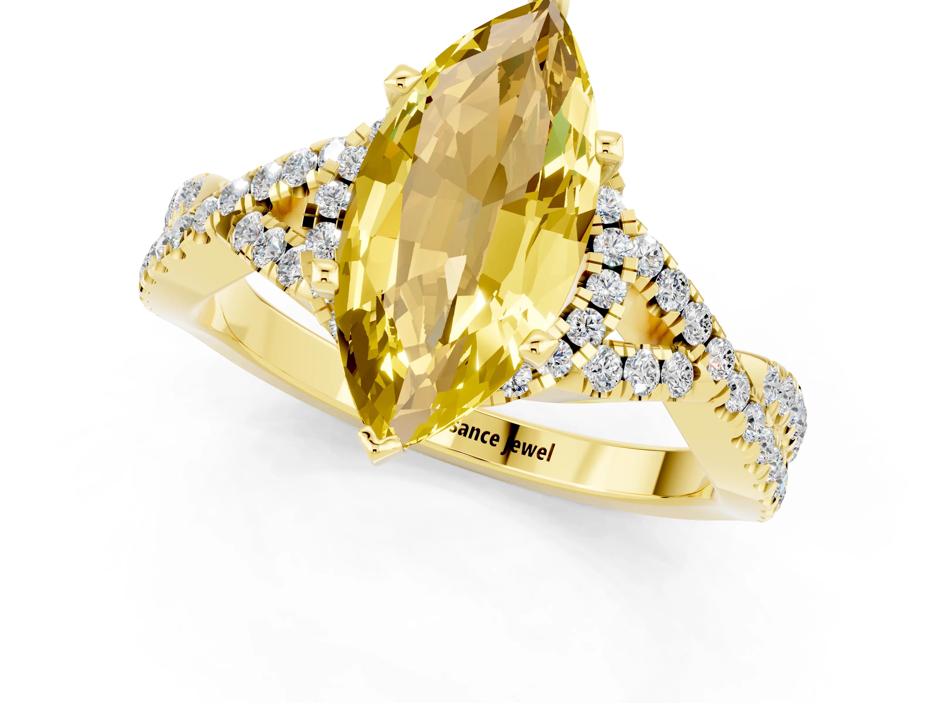 Yellow gold Marquise Cut Yellow Sapphire Halo Twist Band Solitaire Prong Setting Ring_25