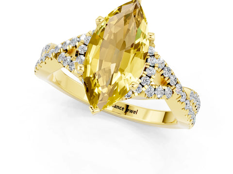 Yellow gold Marquise Cut Yellow Sapphire Halo Twist Band Solitaire Prong Setting Ring_25