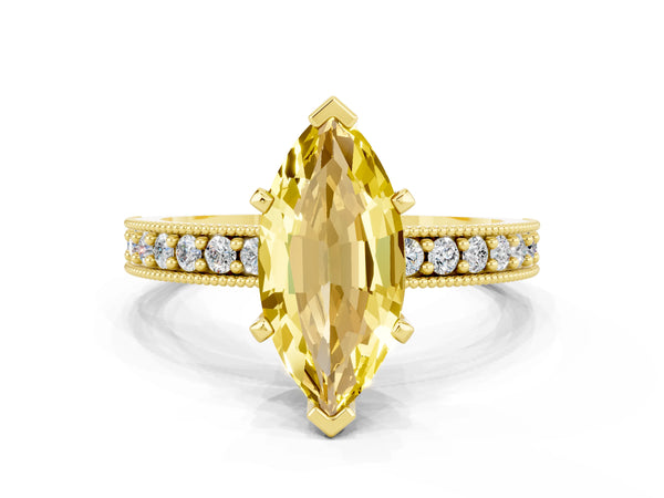 Yellow gold Marquise Cut Yellow Sapphire Milgrain Pavé Engagement Ring with Four-Prong Setting