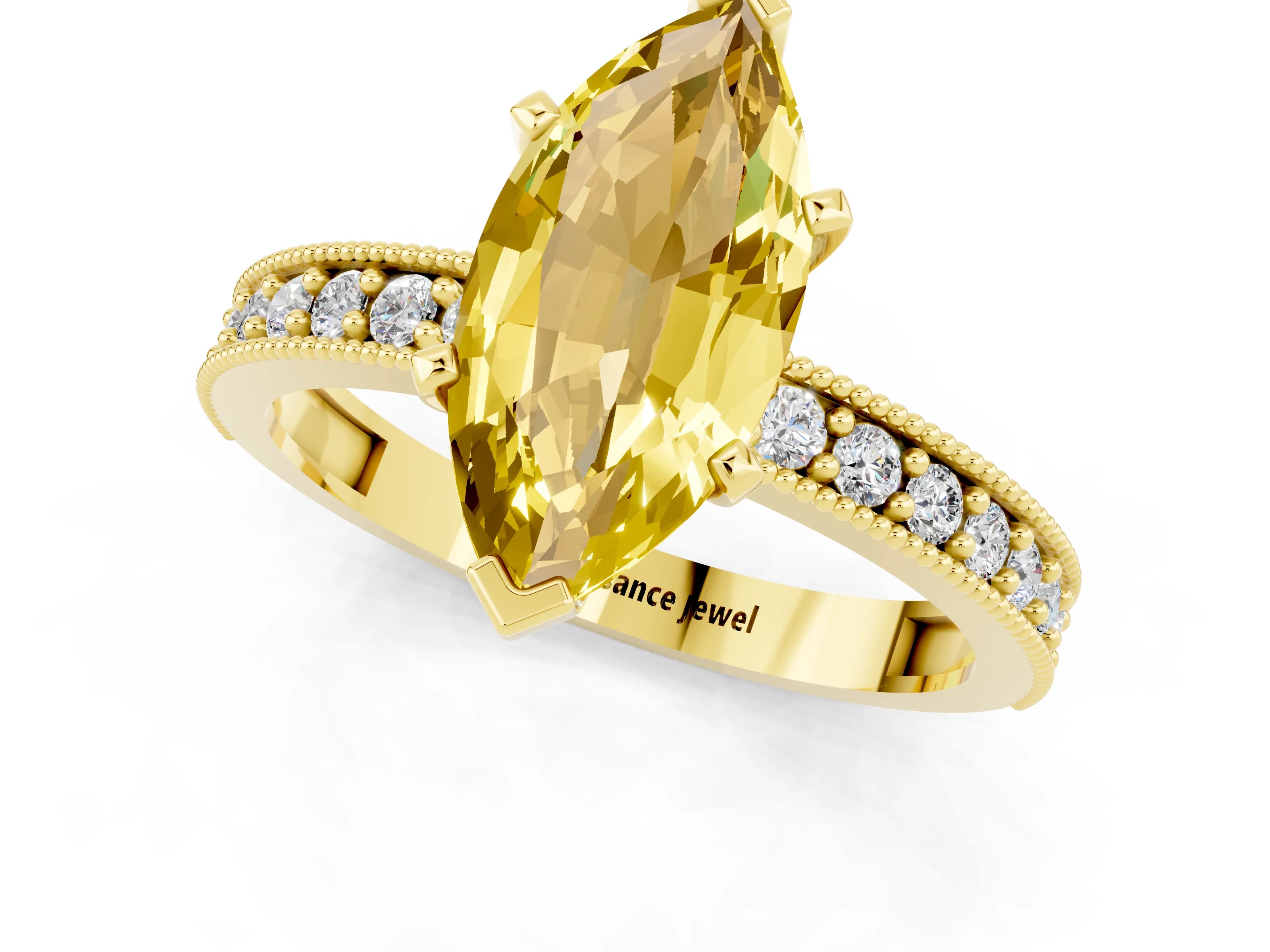 Yellow gold Marquise Cut Yellow Sapphire Milgrain Pavé Engagement Ring with Four-Prong Setting_25