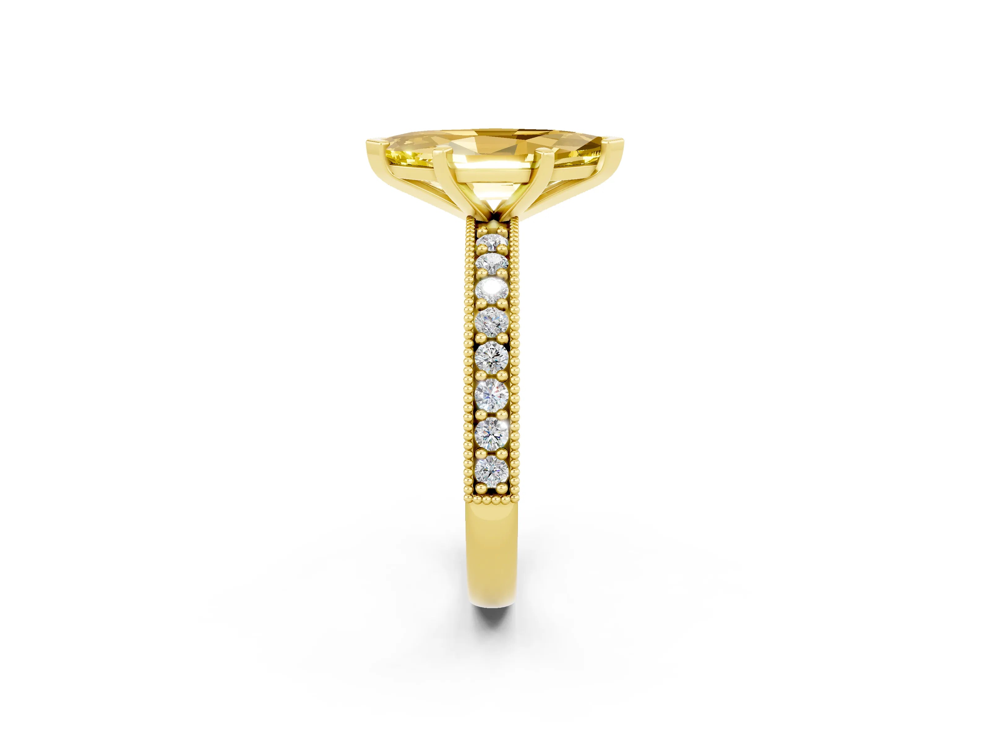 Yellow gold Marquise Cut Yellow Sapphire Milgrain Pavé Engagement Ring with Four-Prong Setting_26