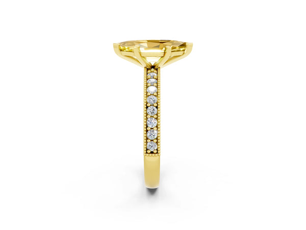 Yellow gold Marquise Cut Yellow Sapphire Milgrain Pavé Engagement Ring with Four-Prong Setting