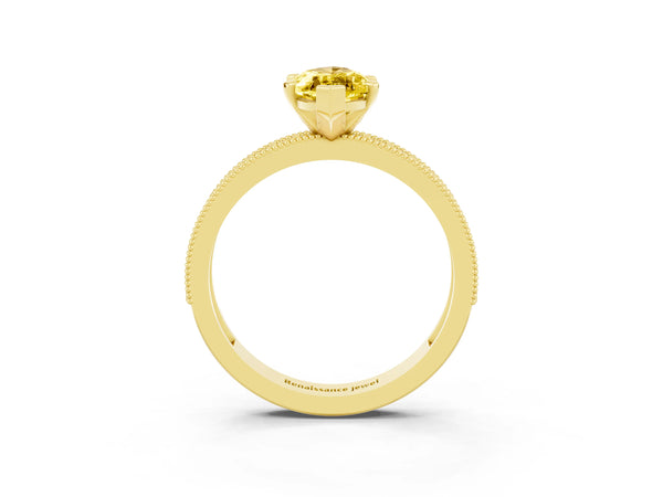 Yellow gold Marquise Cut Yellow Sapphire Milgrain Pavé Engagement Ring with Four-Prong Setting