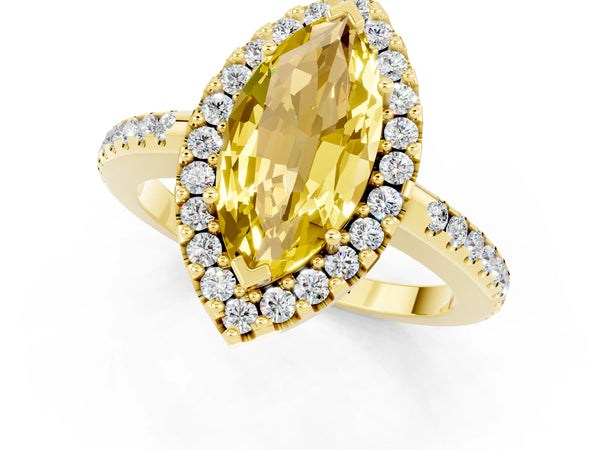 Yellow gold Marquise Cut Yellow Sapphire Pavé Halo Ring with Four-Prong Setting