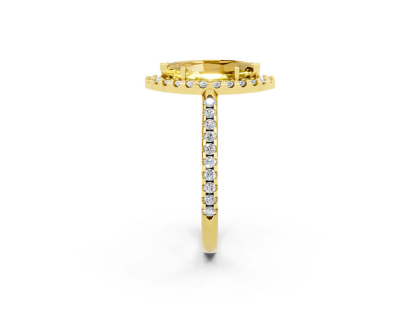 Yellow gold Marquise Cut Yellow Sapphire Pavé Halo Ring with Four-Prong Setting