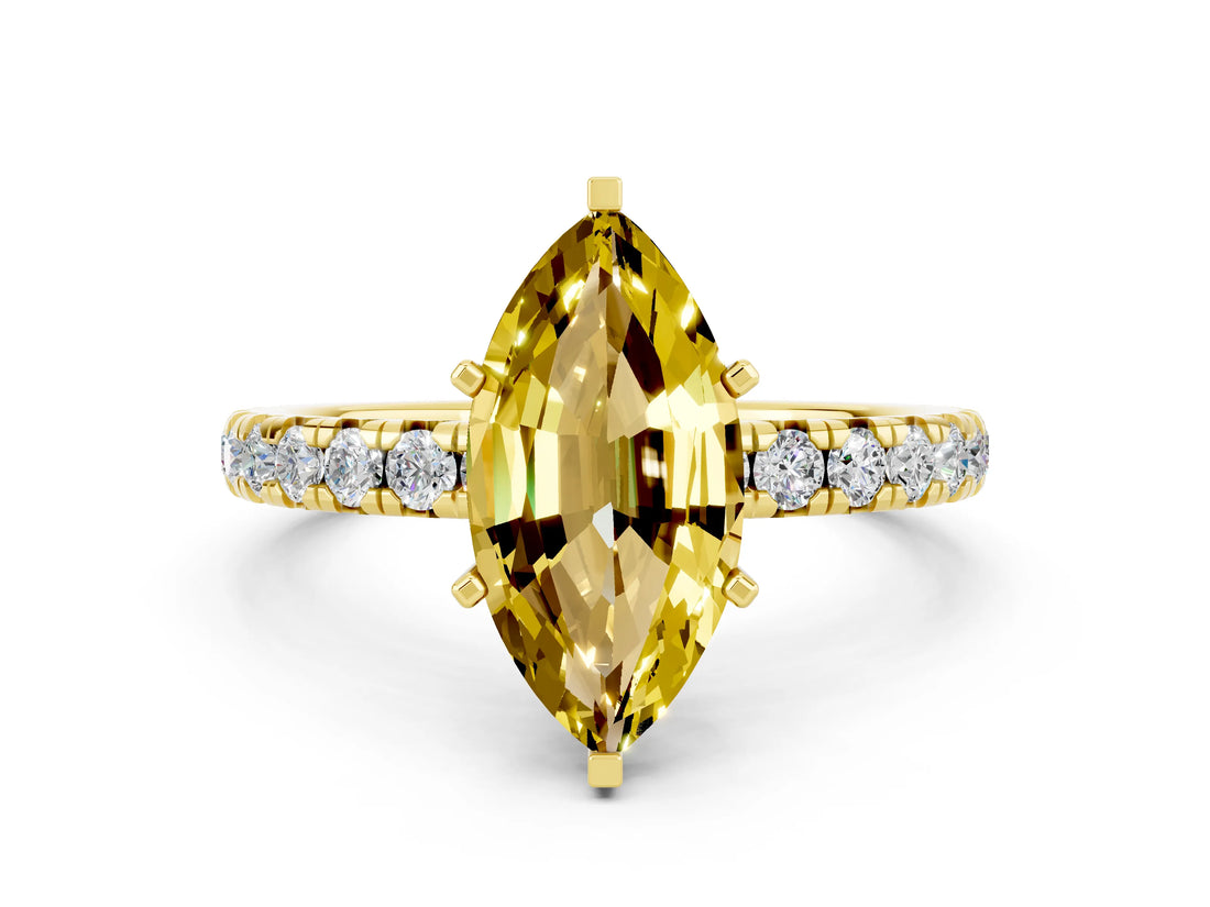 Yellow gold Marquise Cut Yellow Sapphire Pavé Solitaire Ring with Round Band and Prong Setting_12