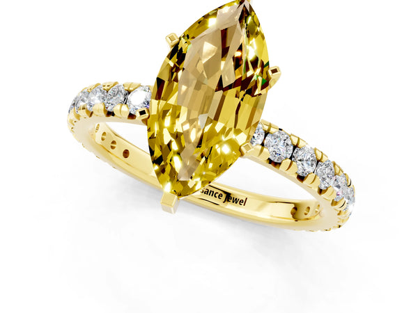 Yellow gold Marquise Cut Yellow Sapphire Pavé Solitaire Ring with Round Band and Prong Setting