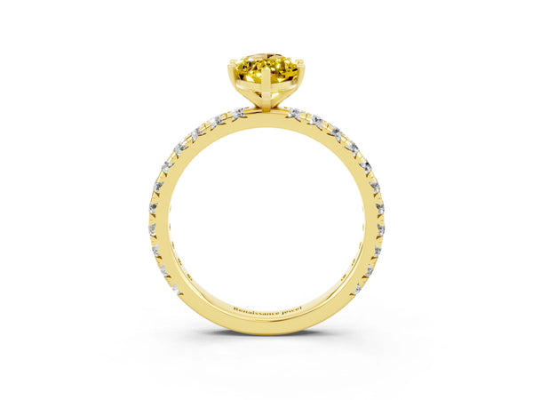Yellow gold Marquise Cut Yellow Sapphire Pavé Solitaire Ring with Round Band and Prong Setting