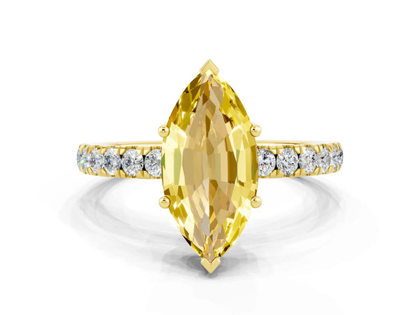 Yellow gold Marquise Cut Yellow Sapphire Pave Band Solitaire Ring with Round  and Prong Setting