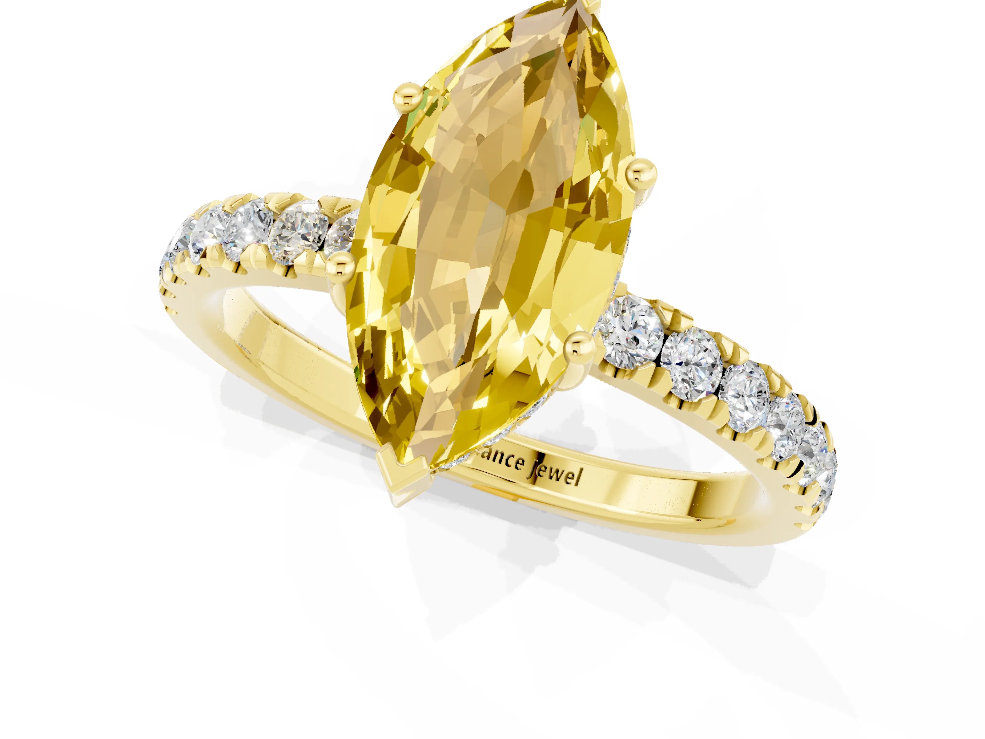 Yellow gold Marquise Cut Yellow Sapphire Pave Band Solitaire Ring with Four-Prong Setting_61
