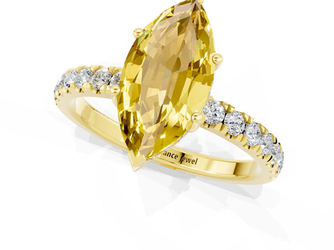 Yellow gold Marquise Cut Yellow Sapphire Pave Band Solitaire Ring with Four-Prong Setting_61